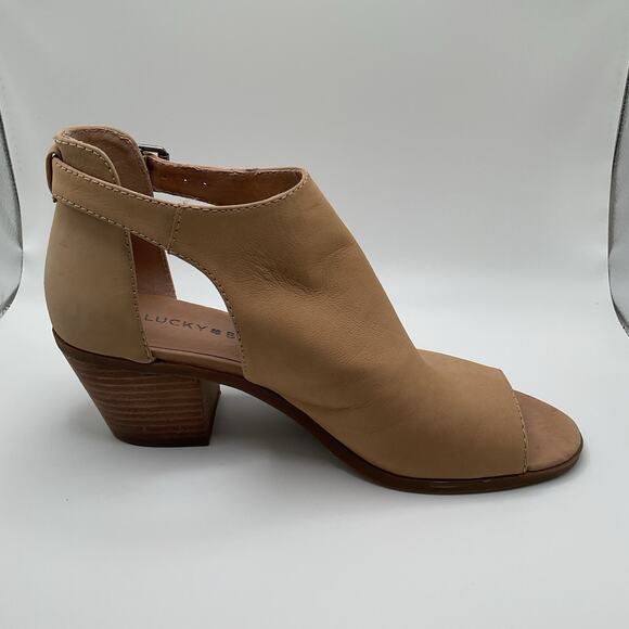 Lucky Brand Sandals Womens 7M Tan Brown Leather Open Toe Slingback Block Heel - Picture 8 of 11